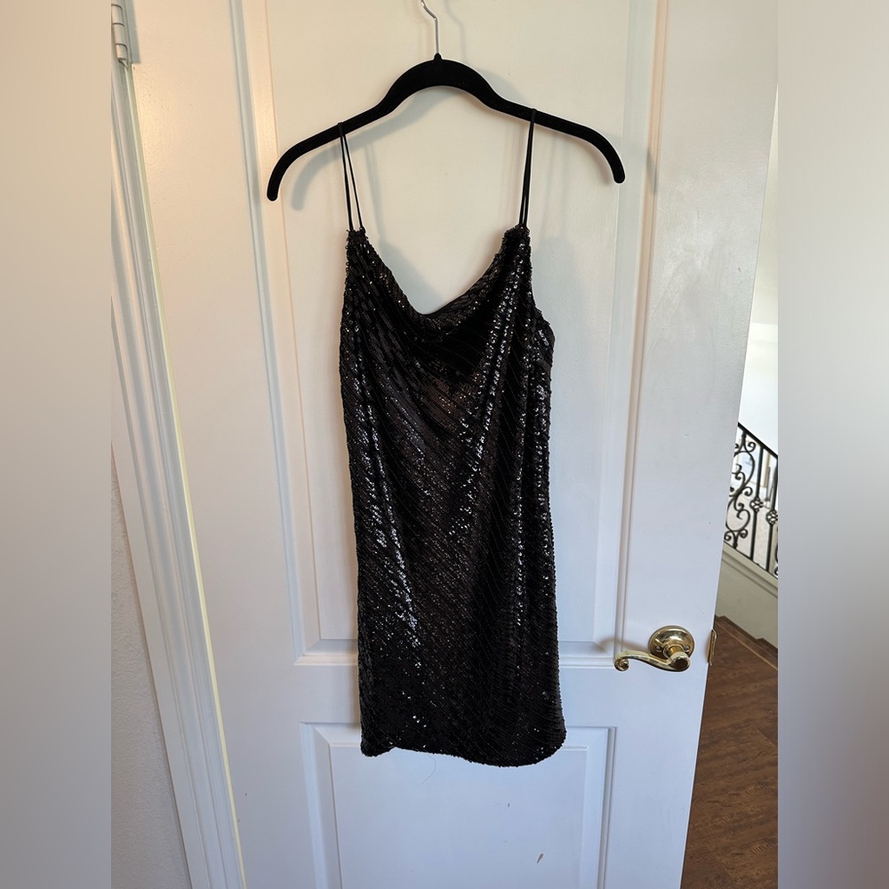 Black sequin Bardot mini dress